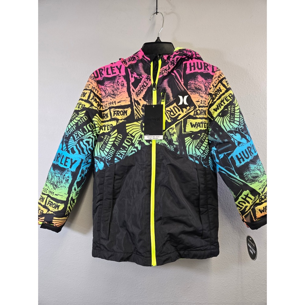 Hurley Neon Graffiti Graphic Fleece Lined Hooded Puffer Jacket Size Medium